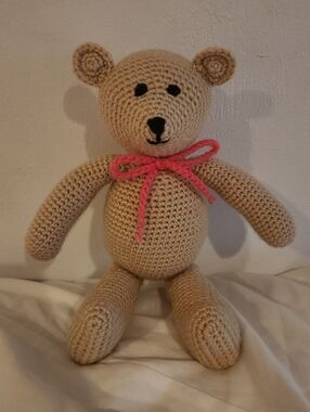 Handmade Crochet Teddy Bear Light Brown With Hot Pink Bow